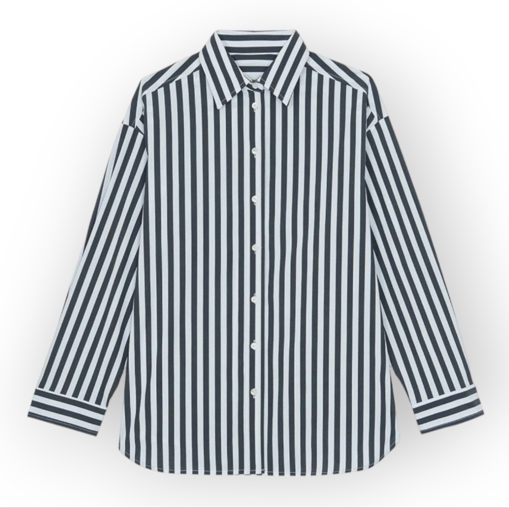 Frankie Shop Black and White Vertical Stripe Button-Down Shirt